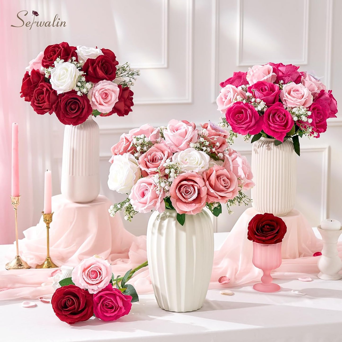 Serwalin 50pcs Artificial Red Roses, 4'' Velvet Flower Head Fake Rose Bulk, Real Touch Silk Roses Realistic Bouquet Long Stems Wedding Home Decor and Table Centerpiece