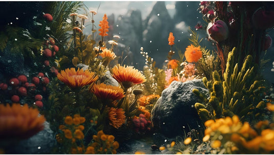 Foggy Stone Terrarium Background Green Seaweed Scenery Orange Floral Aquarium Background Durable Reptile Habitat Flower Background Mysterious Tank Backdrop Vinyl 48x18in