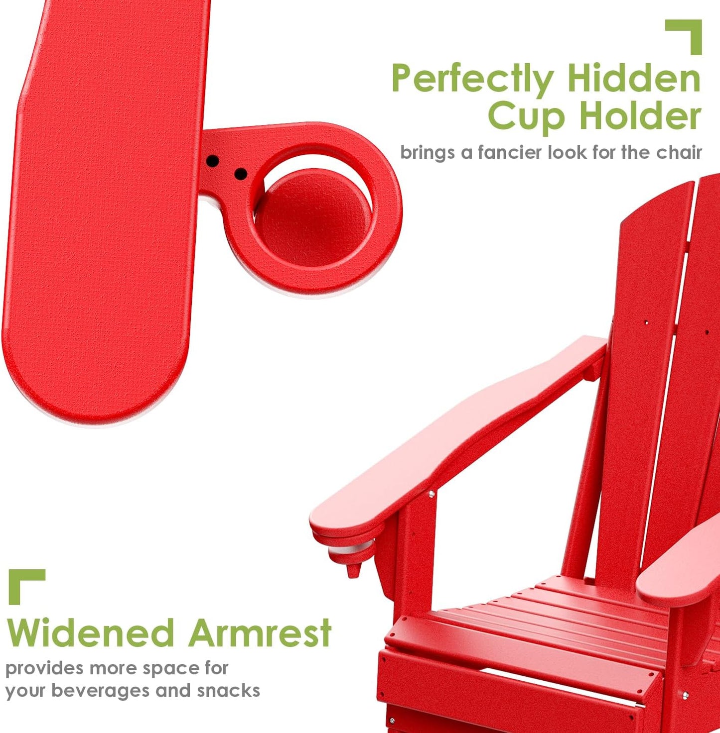GREENVINES Folding-Adirondack-Chairs-Set-of-4 | HDPE Plastic | Fire Pit Chair | All Weather | Cup Holder | Red | for Deck Backyard Patio Outdoor Garden