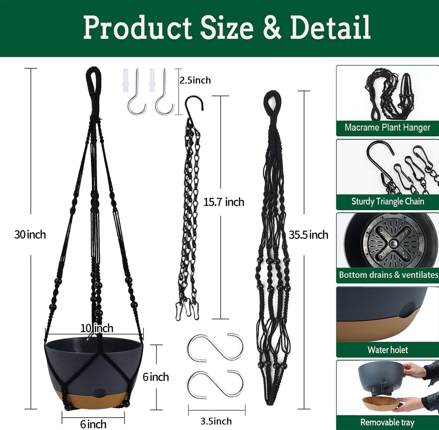 2 Pack Hanging Planters Set,10 Inch Indoor Outdoor Hanging Plant Pot Basket,Hanging Flower Pot with Drainage Hole with 3 Hooks for Garden Home… (Black Hanger Black Planters)