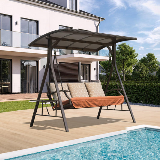 Domi Porch Outdoor Patio Swing with Adjustable Hardtop Polycarbonate Canopy, 3-seat Swing Chair Bench with Solar LED Light for Backyard Yard Poolside Porch Lawn, Cushion and Pillows Included