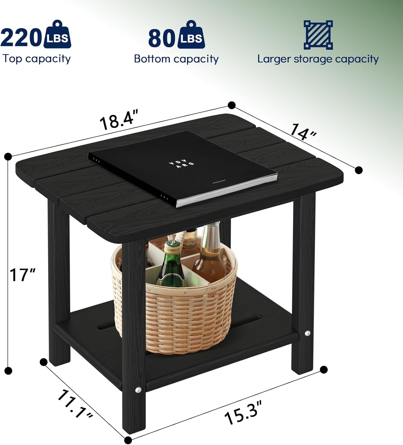 Adirondack Square Side Table - 18.4" Large Panel HDPE Outdoor End Table - Weatherproof, Rustproof & Low Maintenance for Patio, Lawn, Pool, Indoor Use (Black)