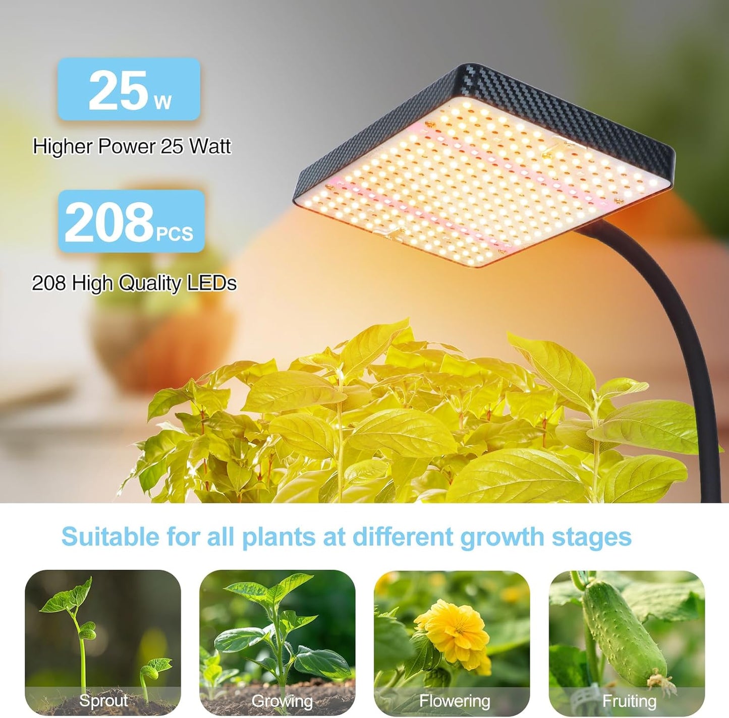 25W Grow Lights for Indoor Plants, Seed Starting, Bonsai with Stand and Timer Auto On/Off, 2500 Lumen Enough Bright Like A Small Sun for Your Jungle, Daisy Chain Function, 40"-64" Height Adjustable
