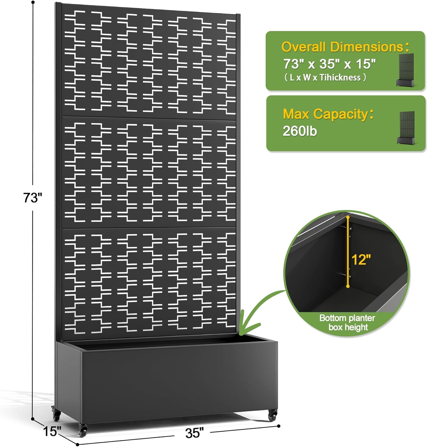 FENCY Metal Raised Garden Bed with Wheels and Trellis,73"x35"x16" Planter Box for Climbing Plants, Vegetables & Vines, Features Privacy Screen and Drainage Holes (Black-Brick)