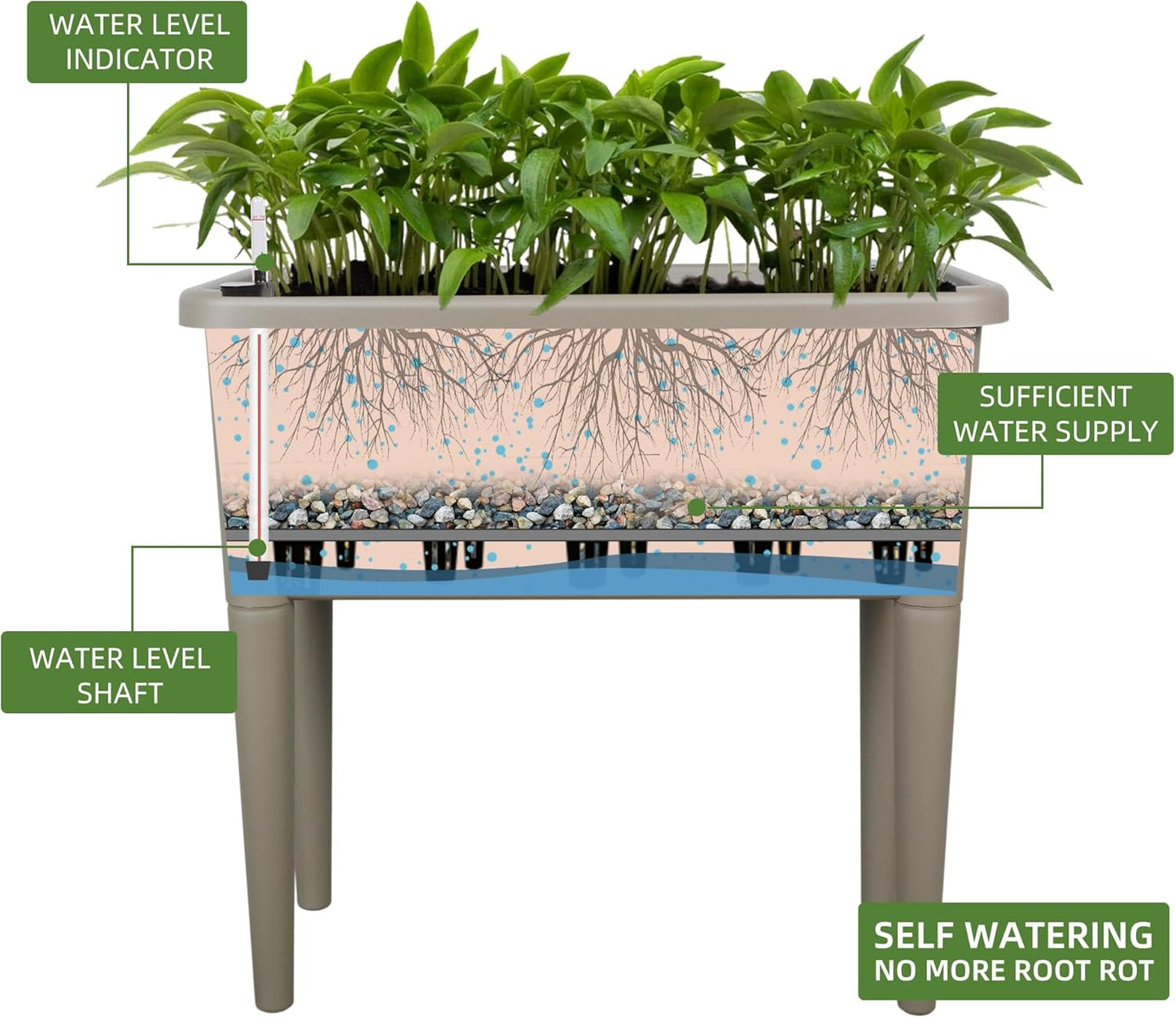 Dexceder 13.2 Gallon Self Watering Raised Garden Bed with Ventilation Transparent Lid Greenhouse, Deepen Vegetable Flower Box Planter Pot with Removeble Legs&Water Level Indicator (Light Brown)