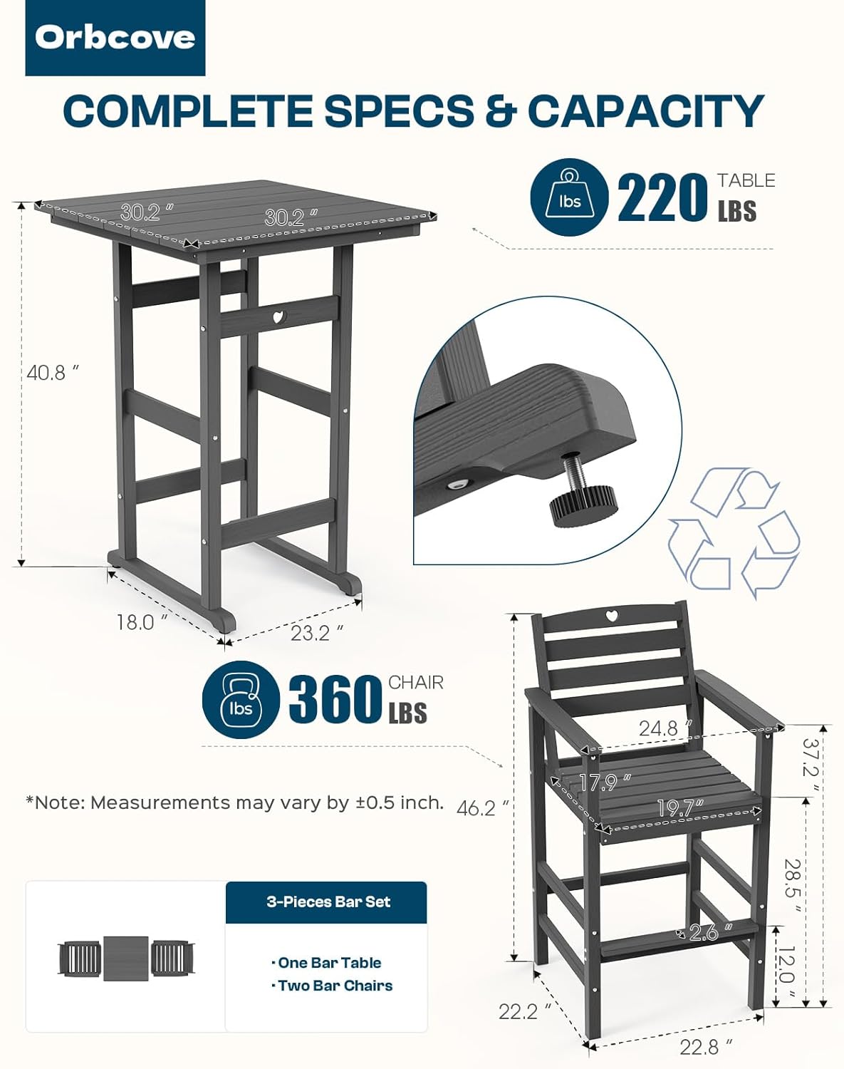 Adirondack Outdoor Bar Table, Durable HDPE Composite, Weather Resistant, Easy to Clean, Perfect for Backyard and Poolside Use, Grey