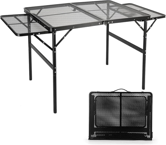 Grill Table Folding Table with 2 Wing Panels 3FT+1.4 FT with Mesh Desktop 2 Height Adjustable Portable Grill for Outdoor Indoor Beach BBQ Picnic Travel RV Black