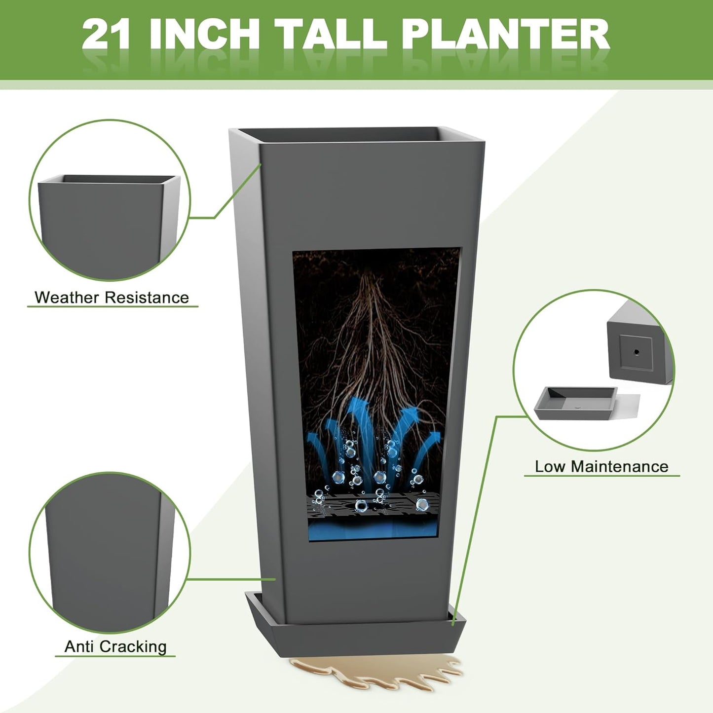 FENCY Set of 2 Tall Planters for Outdoor Plants, 24 Inch Large Tapered Pots with Drainage Trays, Weather-Resistant Plastic Plant Containers for Patio, Porch, Garden, Front Door Decor,Gray