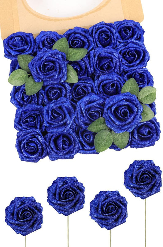 N&T NIETING Artificial Flowers Glowing Navy Blue Flowers Foam 25pcs Glitter Roses Real Looking Fake Roses with Stem for DIY Wedding Bouquets Centerpieces Bridal Shower Party Home Decorations