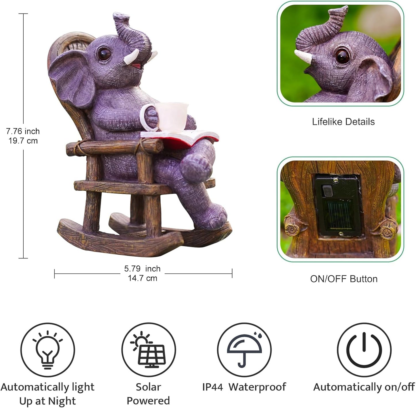 Elephant Statue Recliner Light Up Cup - Resin Elephant Fairy Garden Decor - Suitable for Home Desk Garden Lawn Patio Porch Ornamental, Unique Birthday Gifts for Mom Daughter(6.8 inch)