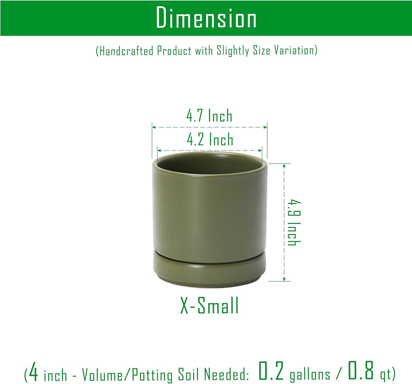 D'vine Dev Set of 2 Plants Pots, 4.7 Inch Ceramic Planter Pot for Plants with Drainage Hole and Saucer, Olive, 94-V-B-J
