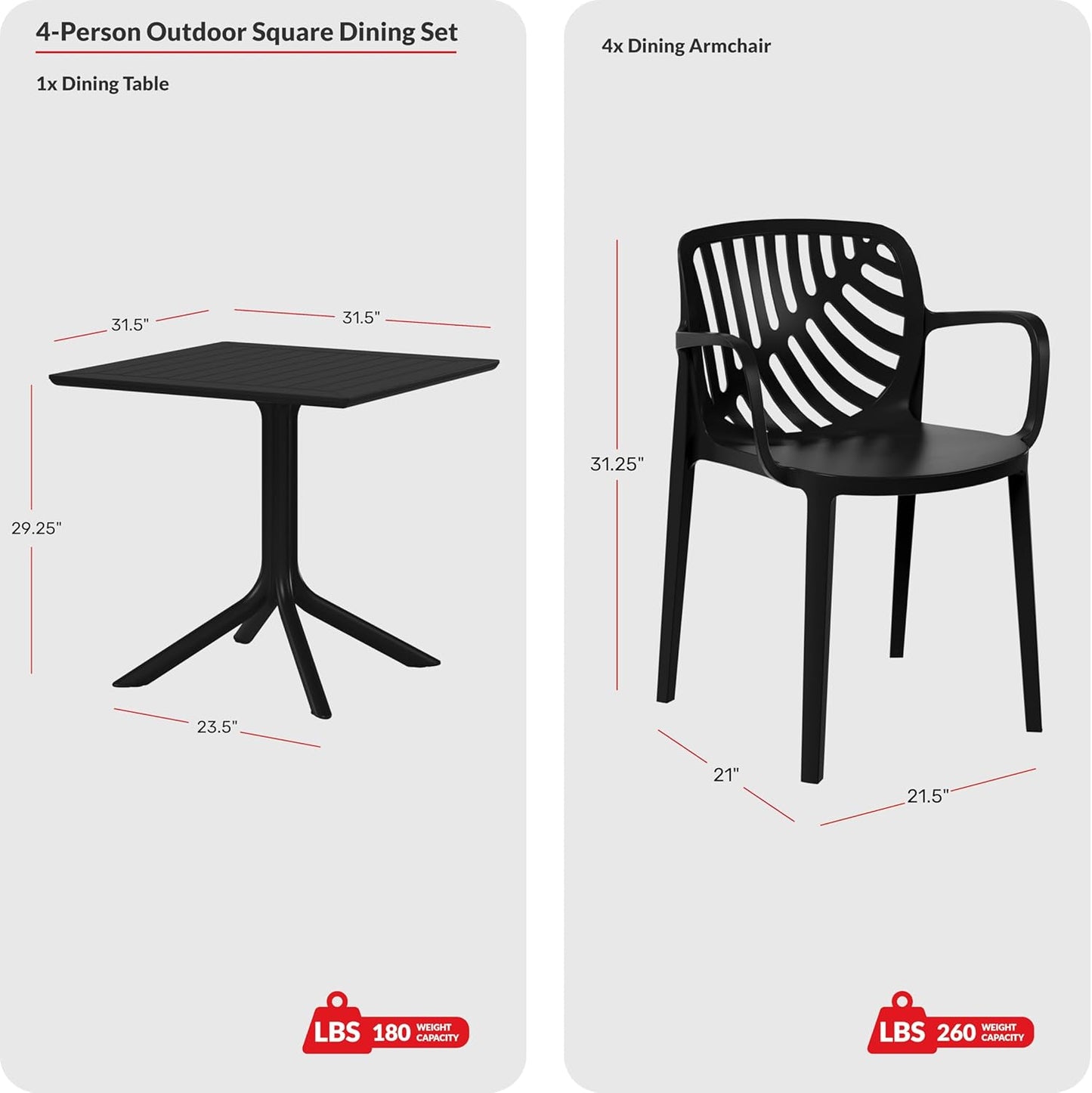 5 Piece Patio Furniture Set, HDPE Patio Square Bistro Table and Stackable Chairs Sets for 4, Outdoor Furniture All Weather for Backyard Poolside, Red