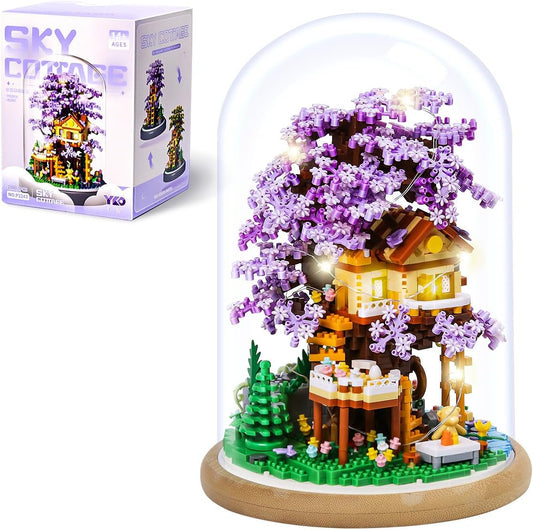 DIY Flower Building Toy Sets Miniature Cherry Blossom Tree House Building Kit, Purple & Yellow Sakura Flowers, Building Blocks Set for Adults & Girls - Bonsai Tree Model with Dust Cover