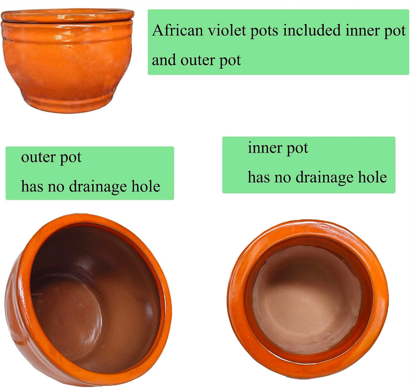 African Violet Pots Self Watering Round Ceramic Violet Pot (Orange, 6 inch)