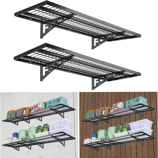2 Pack Garage Wall Shelving, Heavy Duty 1.5' x 3.8' Wall Mount Storage Shelf with Hooks, Garage Storage Rack Floating Shelves, Holds 250 lbs Each