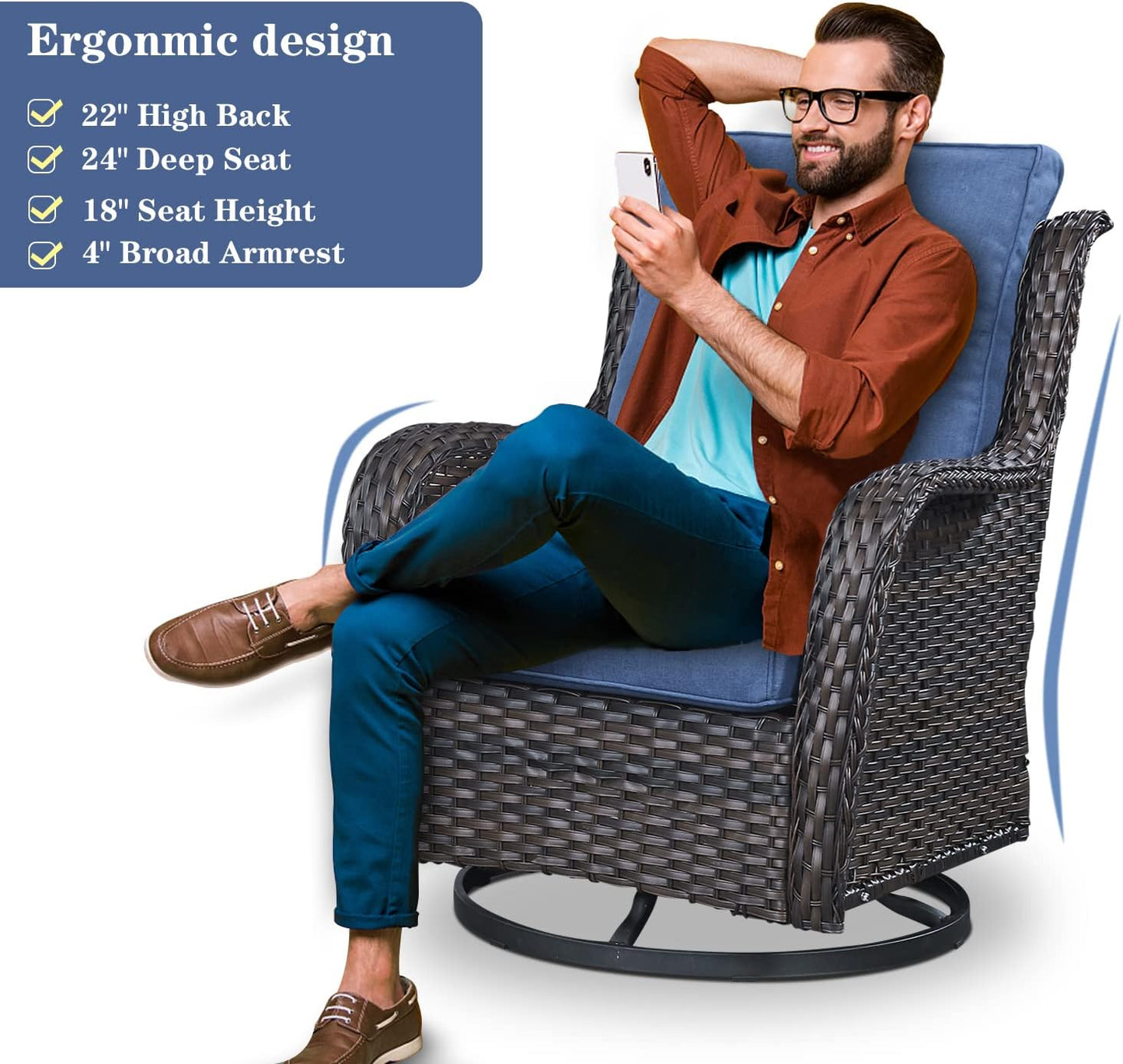 5 Pieces Patio Furniture Sets Wicker Outdoor Furniture, Rattan Patio Swivel Glider Chairs with 2 Ottoman and Glass Side Table