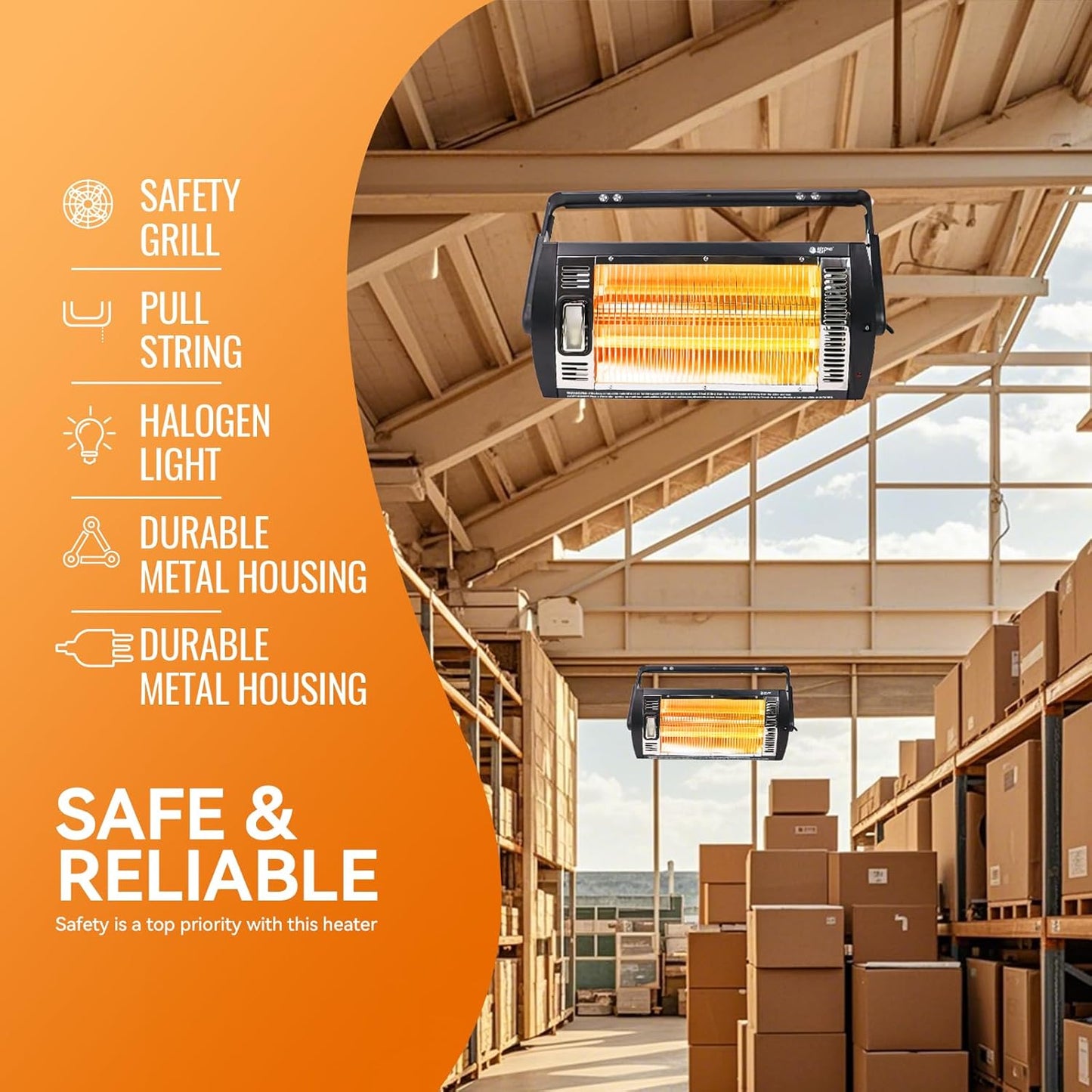 Electric Garage Heater 120V, 750/1500W Ceiling Mount Space Heater for Garage, Shop, Patio with 90° Adjustable Tilt, Dual Quartz Radiant, Safety Metal Grille and Overheat Protection, 1-Pack