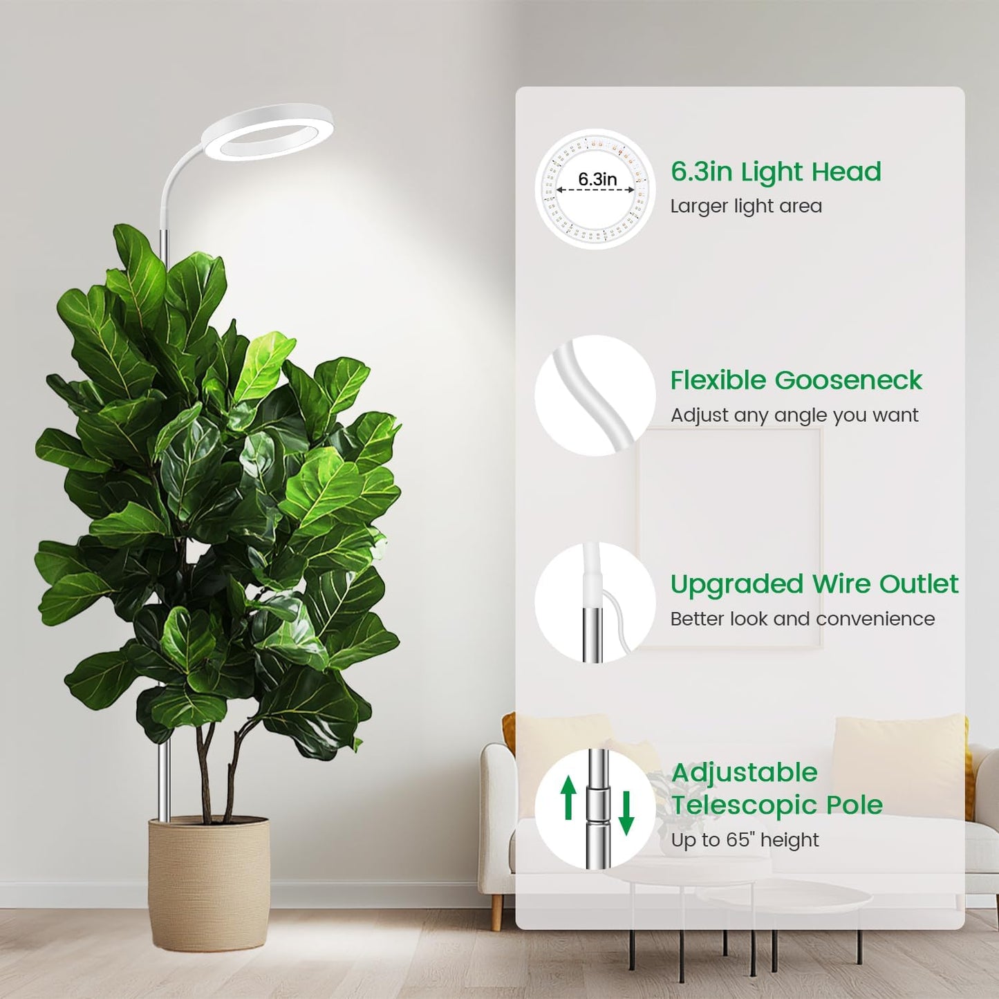 Garpsen Plant Light, 80 LEDs Full Spectrum Grow Lights for Indoor Plants with 360° Gooseneck, 6/12/16H Timer, 3 Colors Modes and 5 Dimmable Levels, 65'' Height Grow Lamp for Large Plants(White)