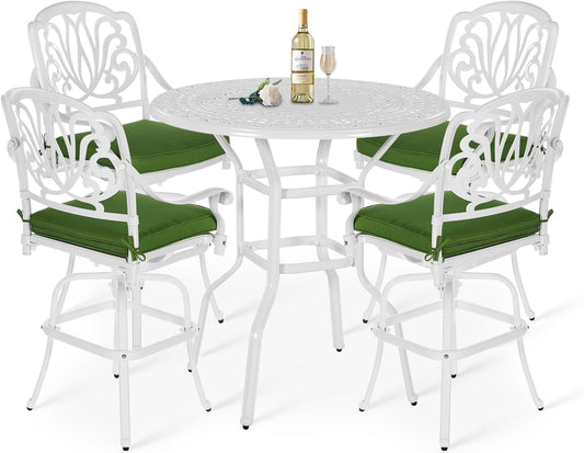 5 Pieces Patio Swivel Bar Set, Patio Bar Table and Chairs Set, All-Weather Cast Aluminum Outdoor Swivel Bar Stools of 4 and 38.5" Round Bar Table, High Top Bistro Set for Deck, Pool, White