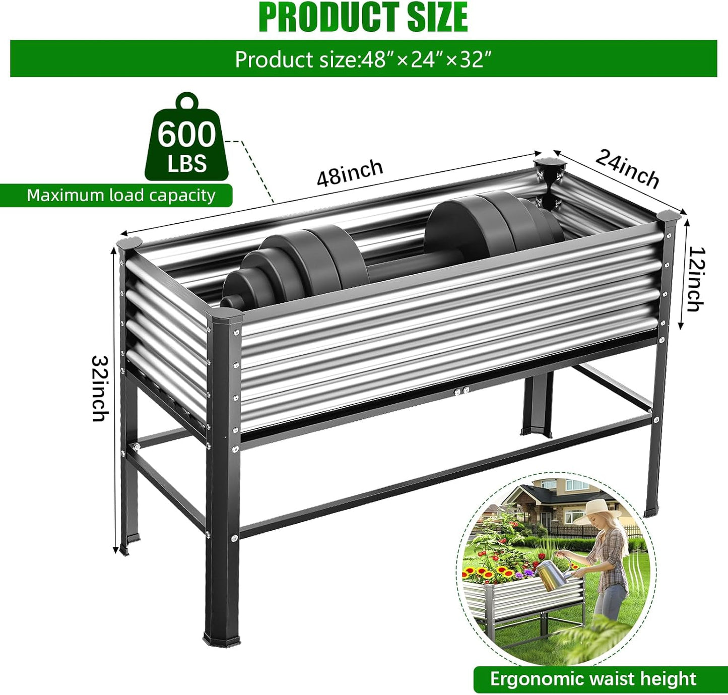 Doniks 2PCS Raised Garden Bed with Legs, 48×24×32in Large Outdoor Metal Galvanized Garden Planting Box, 600lb Capacity for Vegetables Lawn Green Flowers, Fruits, Terrace