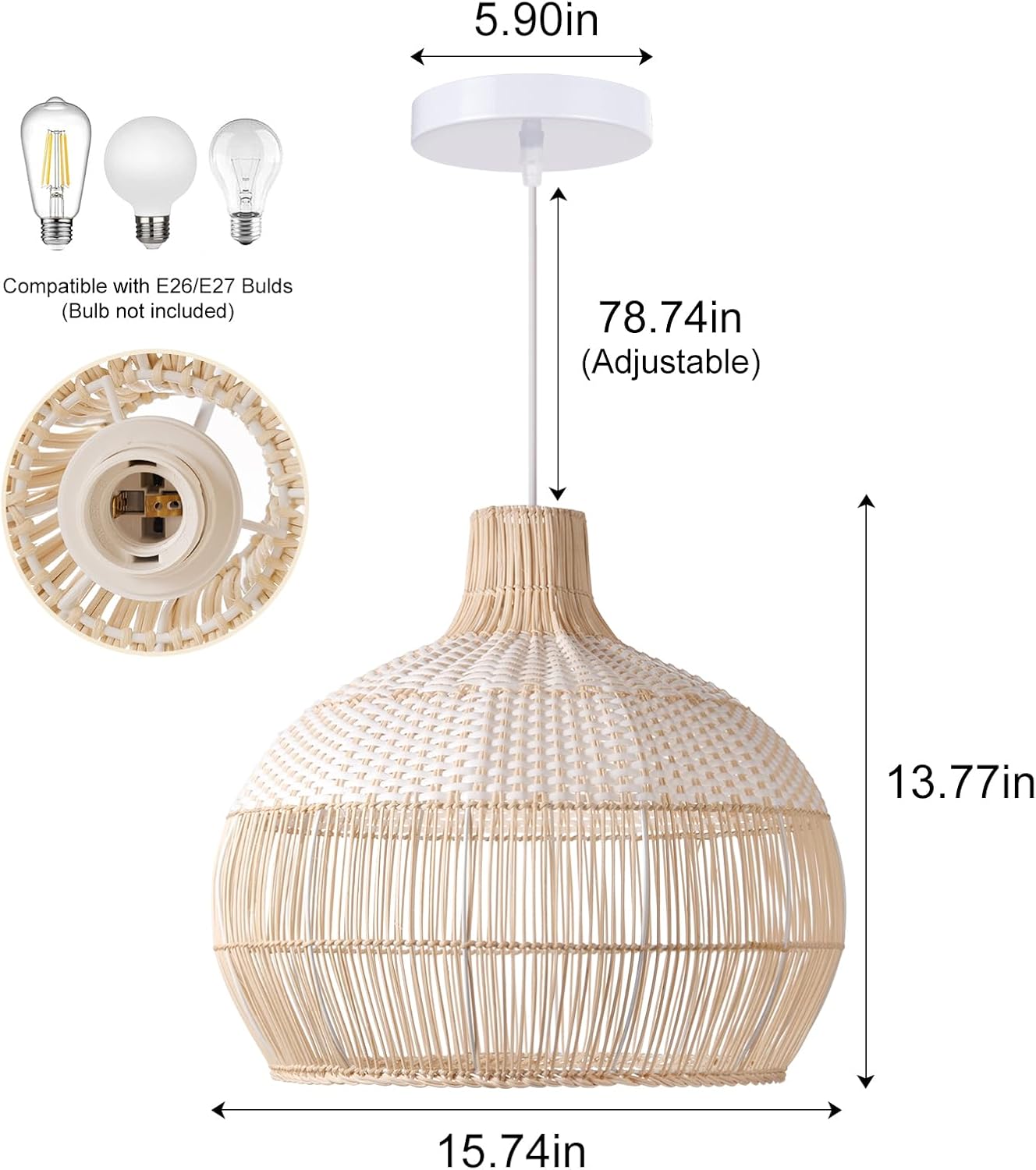 Arturesthome White Handwoven Rattan Boho Pendant Lighting Fixtures, Wicker Hanging Ceiling Light Chandelier, Handmade Woven Basket Lampshade for Kitchen Island
