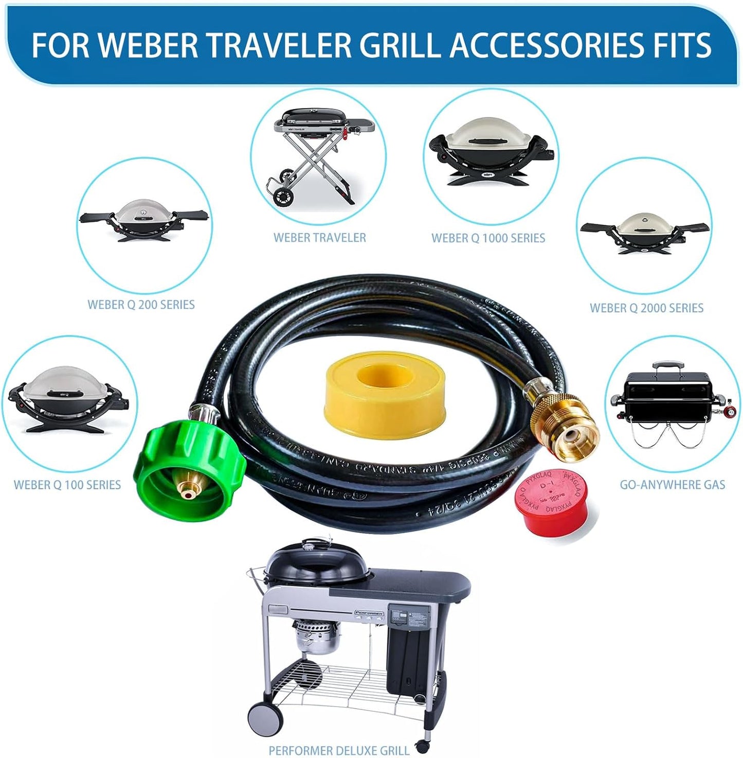6 Feet for Weber Adapter Hose for Weber Travelev Grill, for Weber Traveler Grill Accessories for Weber Q 1000 for Weber Q Series, and for Weber Traveler Gas Go-Anywhere Grills Propane Adapter.