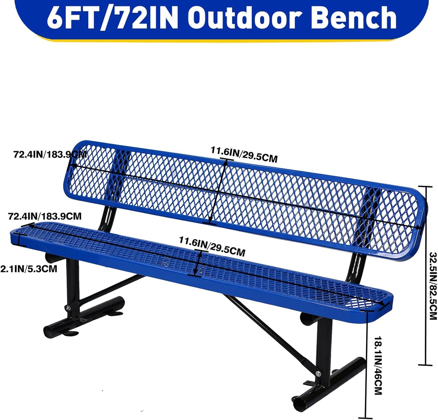 Heavy Duty Park Bench with Back Portable Frame, Outdoor Metal Park Bench with Backrest, Steel Mesh Outdoor Bench for Garden, Lawn, Patio, Porch, Park, Yard (Blue, 72.4" L x 23.2" W x 32.5" H)