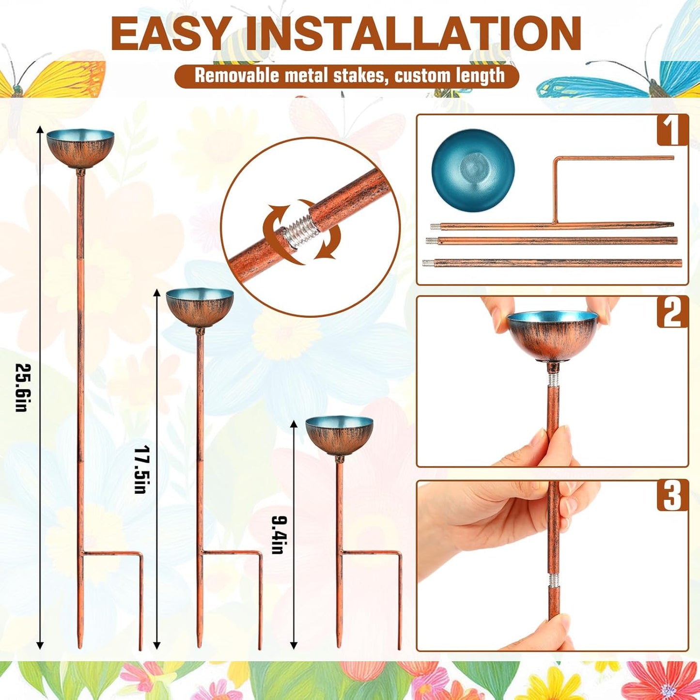 9 Pcs Bee Watering Station for Garden Bee Metal Watering Cups Butterfly Water Feeder Small Insects Bath Bowl Cups Metal Stakes for Outdoor Garden Decor, Blue