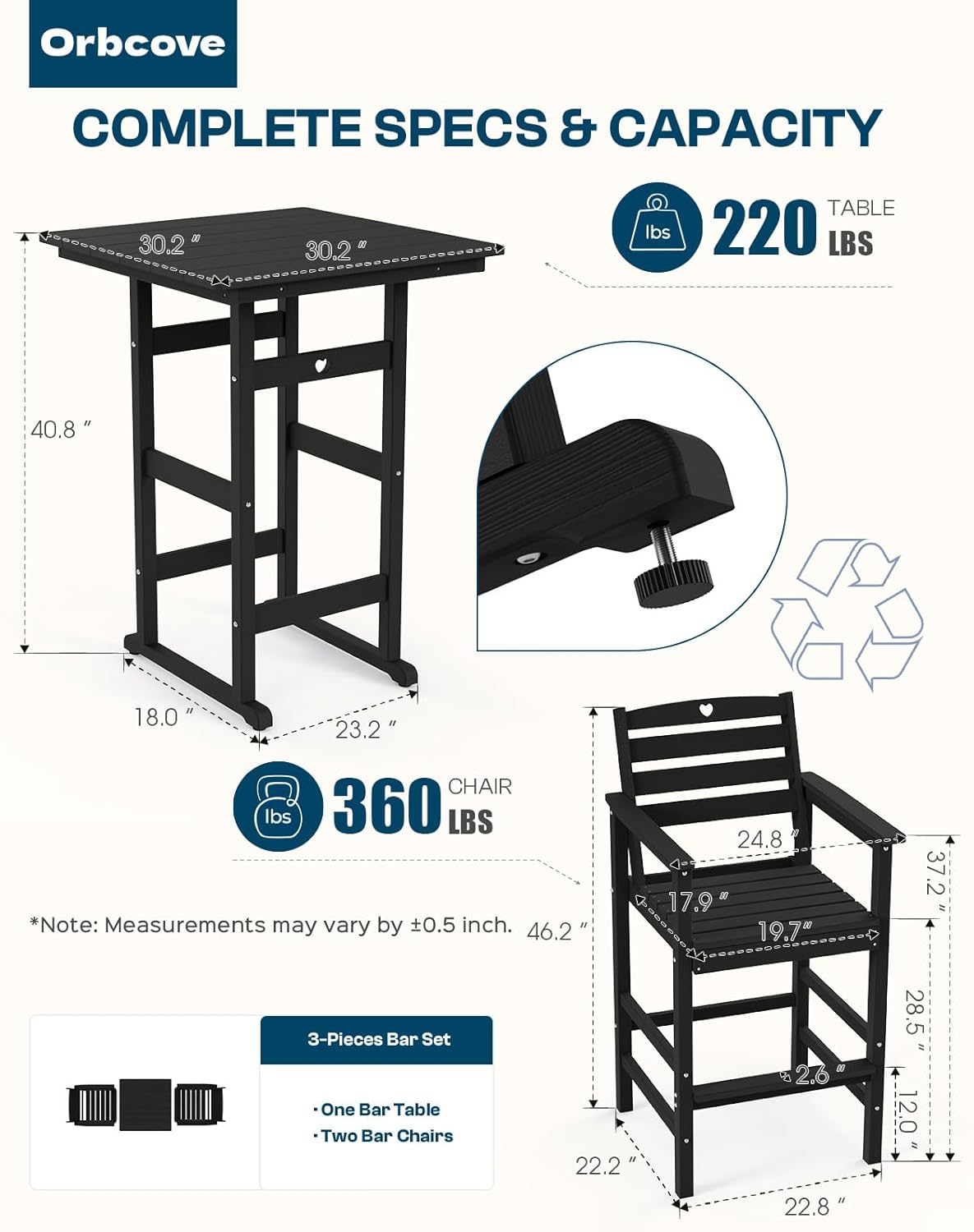 Adirondack Outdoor Bar Table, Durable HDPE Composite, Weather Resistant, Easy to Clean, Perfect for Backyard and Poolside Use, Black