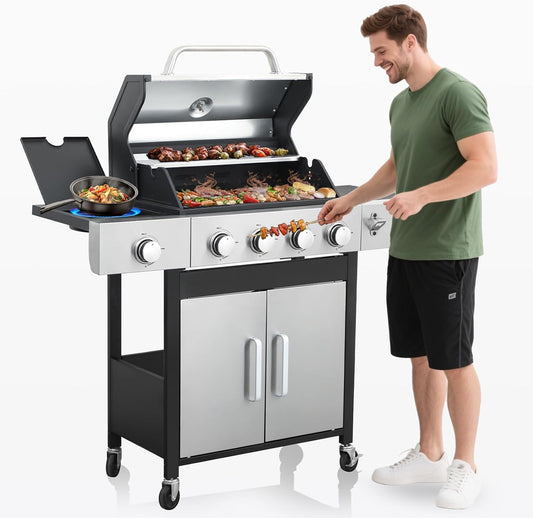 4-Burner Propane Gas BBQ Grill with Side Burner, Porcelain-Enameled Cast Iron Grates and Side Tables, 46,790 BTU Stainless Steel Grill for Outdoor Camping Barbecue Grilling Backyard Cooking