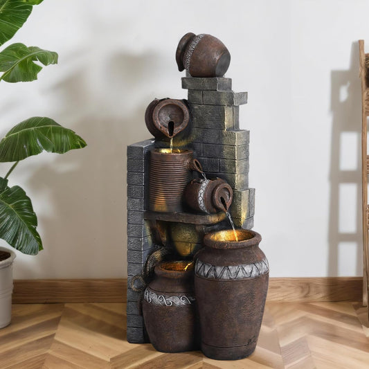 6-Tiers Garden Waterfall Fountain Outdoor - 31’5''H Water Fountains and Waterfalls, Large Outdoor/Indoor Floor Standing Resin Water Fountain with LED Light for Patio, Garden and Home (31.5”H)