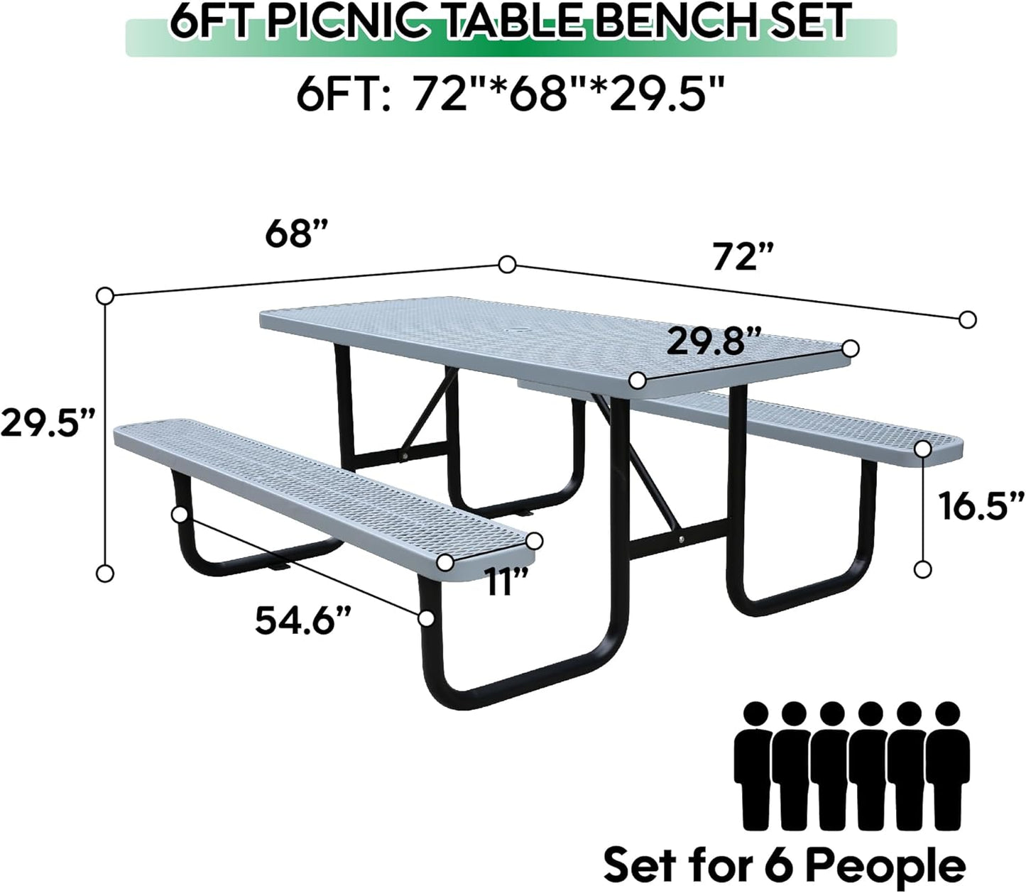 6FT Metal Picnic Tables for Outdoors, Commercial Rectangular Picnic Table and Bench Set for Outside, Patio, Garden, Backyard, Porch, Surface Mount, Grey