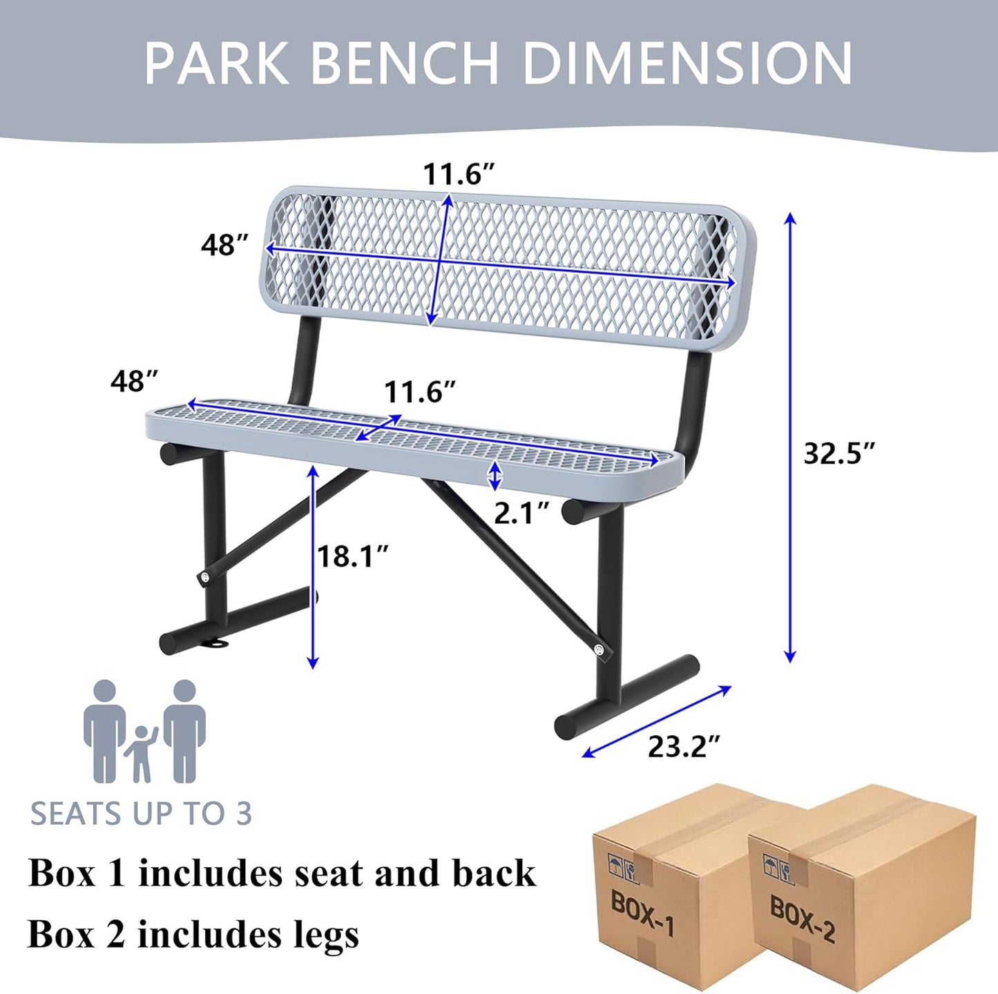 4 Feet Heavy Duty Metal Park Bench for Outside, Outdoor Bench with Backrest & Portable Frame, Commercial Benches for Shopping Malls, Stores, Parks, Patios, Decks, Grey