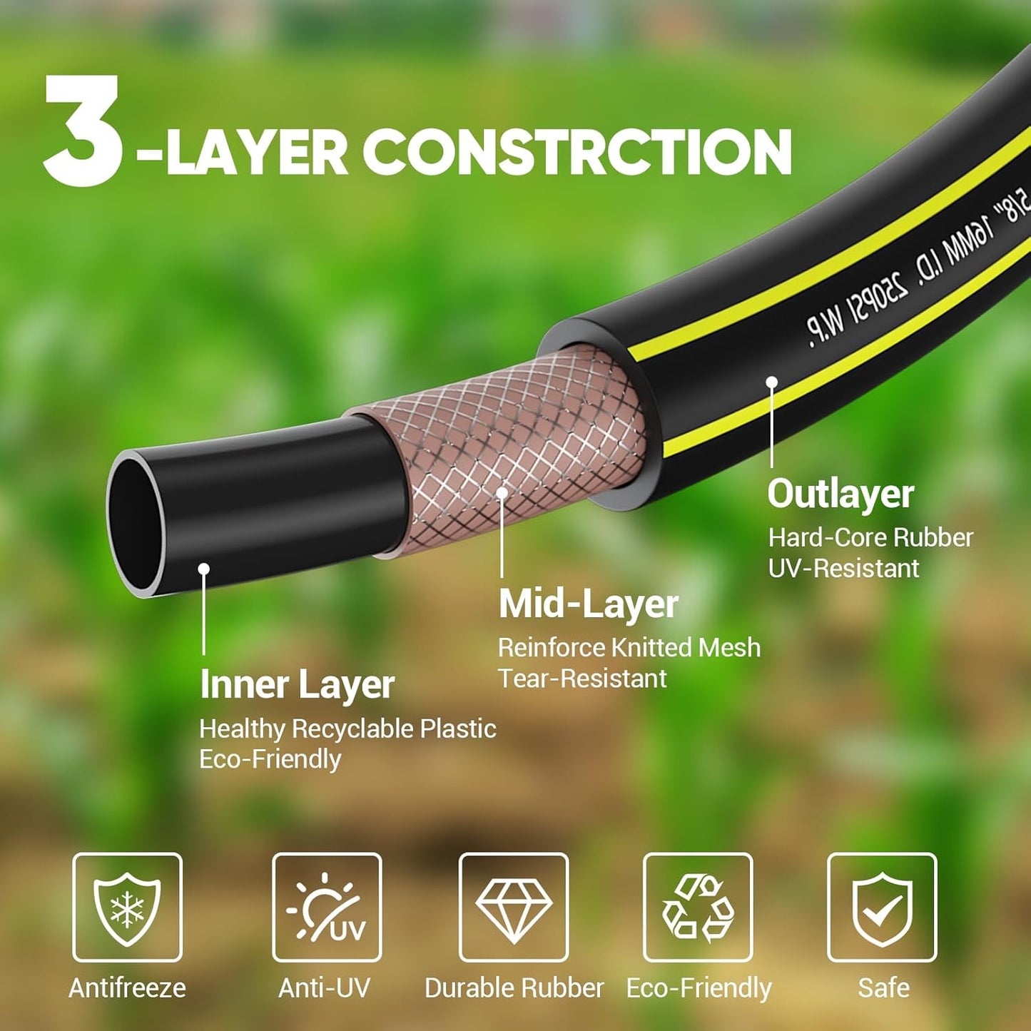 Garden Hose 50FT with 10 Pattern Spray Nozzle - PHLEX PRO Heavy-Duty Premium 5/8'' Rubber 3-Layer Water Hose - Innovation Flexible Hybrid Lightweight Water Hose, Full Brass Fittings (RyobiGreen)
