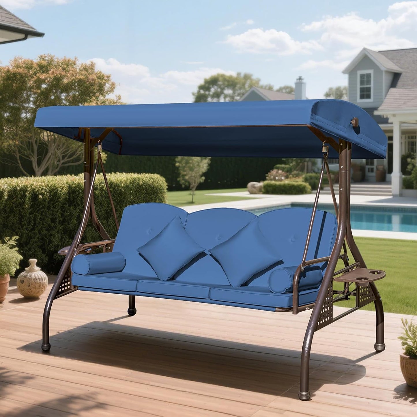3-seat Patio Swing with Canopy,Convertible Outdoor Swing Bed with Thick Cushions, Pillows & Cup Holders, 3-Seat Outdoor Swings Chair for Backyard, Garden, Deck(Blue)