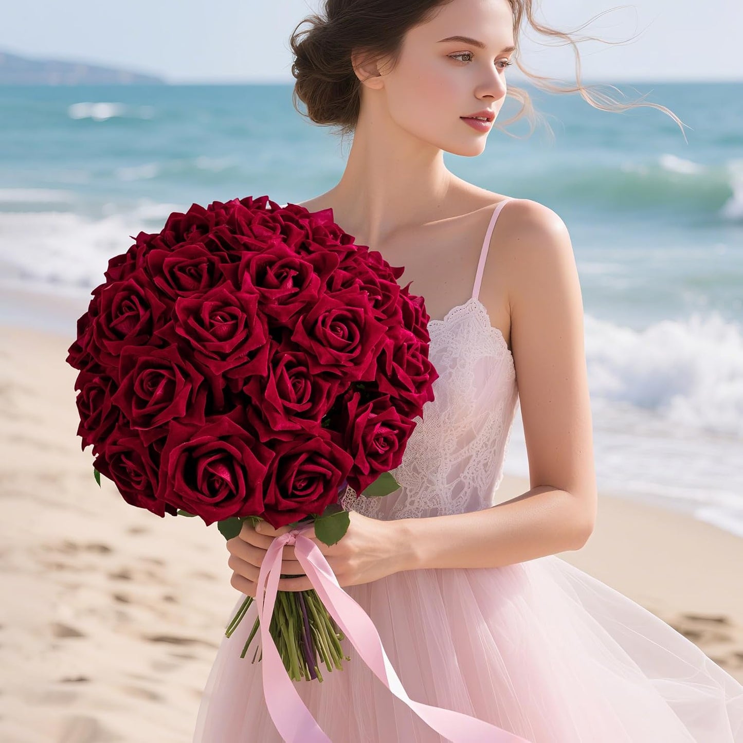 Fake Roses Faux Flowers Silk Roses Artificial Roses with Stems Realistic Artificial Flowers Suitable for Indoor Home Decoration DIY Bouquet Wedding Decor Party Decor 16.5In (24PCS, Red)