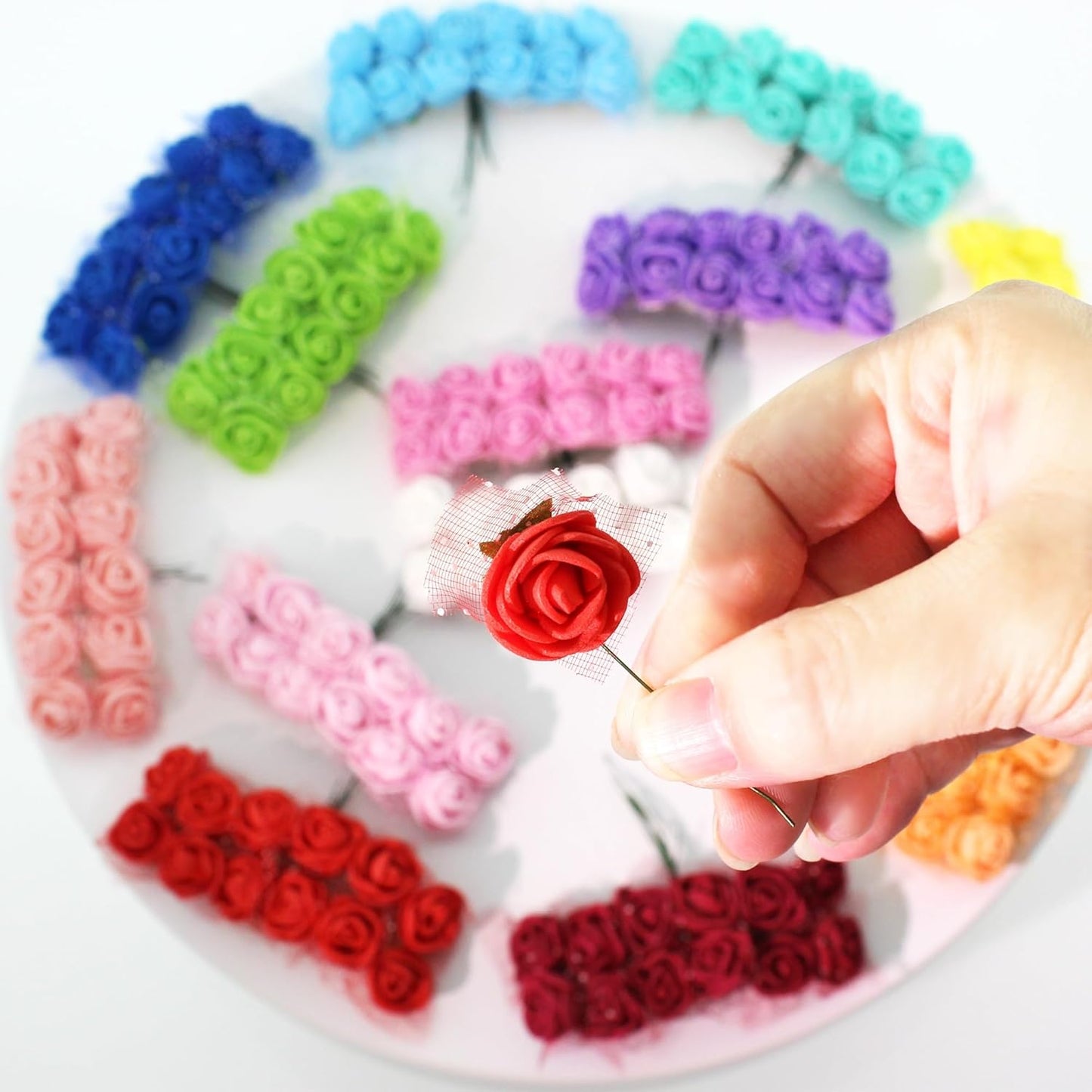 500 Pcs 0.6 Inch Mini Artificial Flowers Head Bulk 5 in 1 Set Faux Foam Fake Small Rose Tiny Baby Flores Bouquet Wreath Gift Hair Clip Home Decoration DIY Craft (Sky Blue)