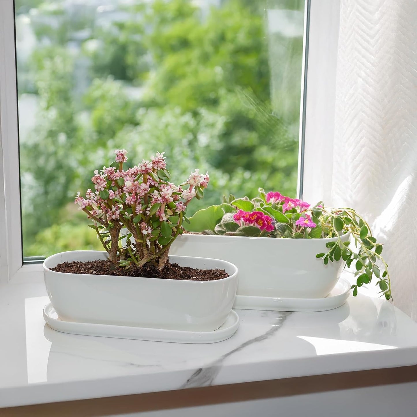 E-liu Oval Ceramic Planter Pot with Drainage Hole Saucers 14 Inch Succulents Planter Home Decor for Indoor Outdoor Plants Herb Cactus with 3 Mesh Pads, Plants Not Included