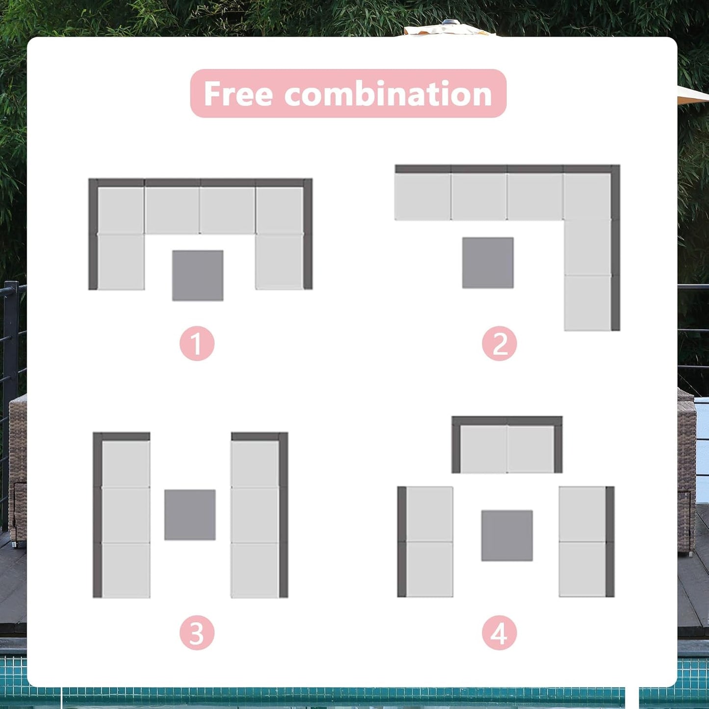 7-Piece Patio Furniture Set - Outdoor Sectional Sofa Set with Cushions and Glass-Top Coffee Table for Gardens, Poolside, Backyards and Porches, Wine/Grey