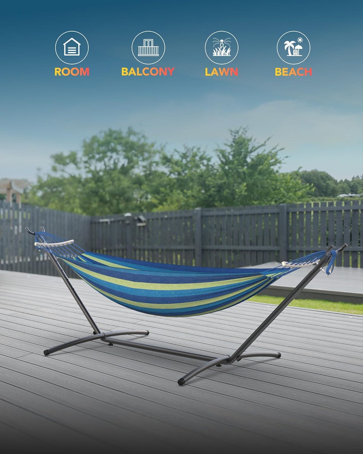 Double Hammock with Space-Saving Steel Stand, 2 Person Heavy-Duty Hammock for Garden, Yard or Outdoor, 600lbs Capacity, Wide Blue