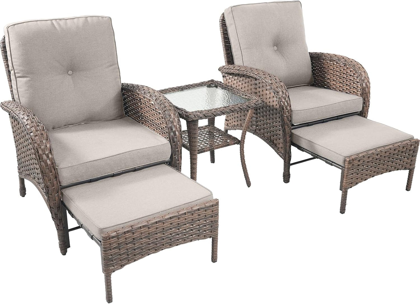 5 Piece Patio Furniture Set - Wicker Balcony Furniture Set with Hidden Ottomans, Rattan Outdoor Patio Chairs with Side Table for Porch Deck Poolside Garden Brown/Beige