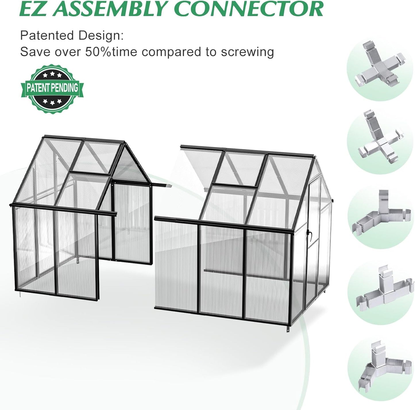 6'x10' Snap-Together Greenhouse - Easy 3-Way Connectors, Heavy-Duty Aluminum Frame, Wind/Snow Resistant for Gardening/Urban Farming, Includes Sliding Door & Ventilation Windows
