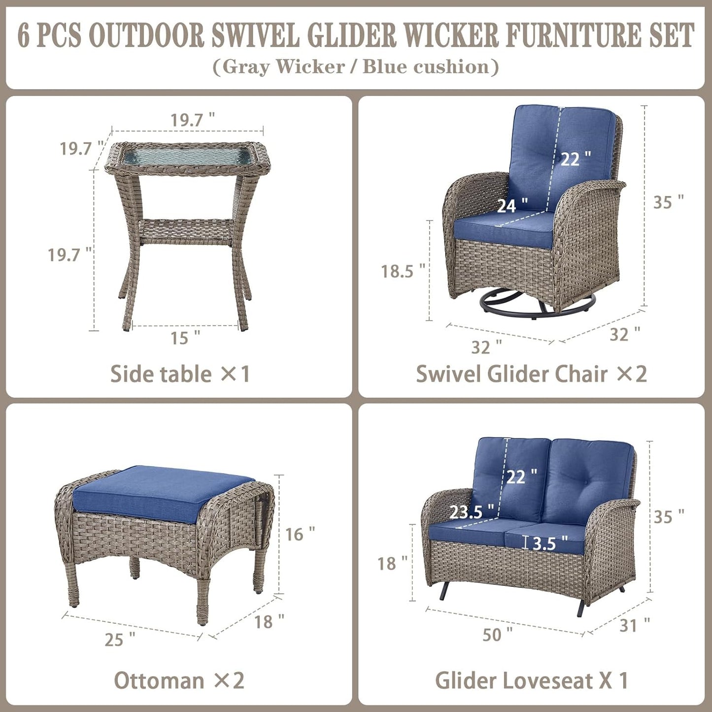 6 Pieces Wicker Patio Conversation Sets with Outdoor Swivel Rocker Chairs and Loveseat Glider Chair, All-Weather Rattan Furniture Set for Patio Deck Sunroom Backyard