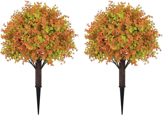 24" Fall Plants Artificial Boxwood Topiary Trees, UV Resistant Faux Bushes with Ground Spike, Fake Shrubs for Outdoor Planters, Front Porch, Patio, Yard Decor Set of 2