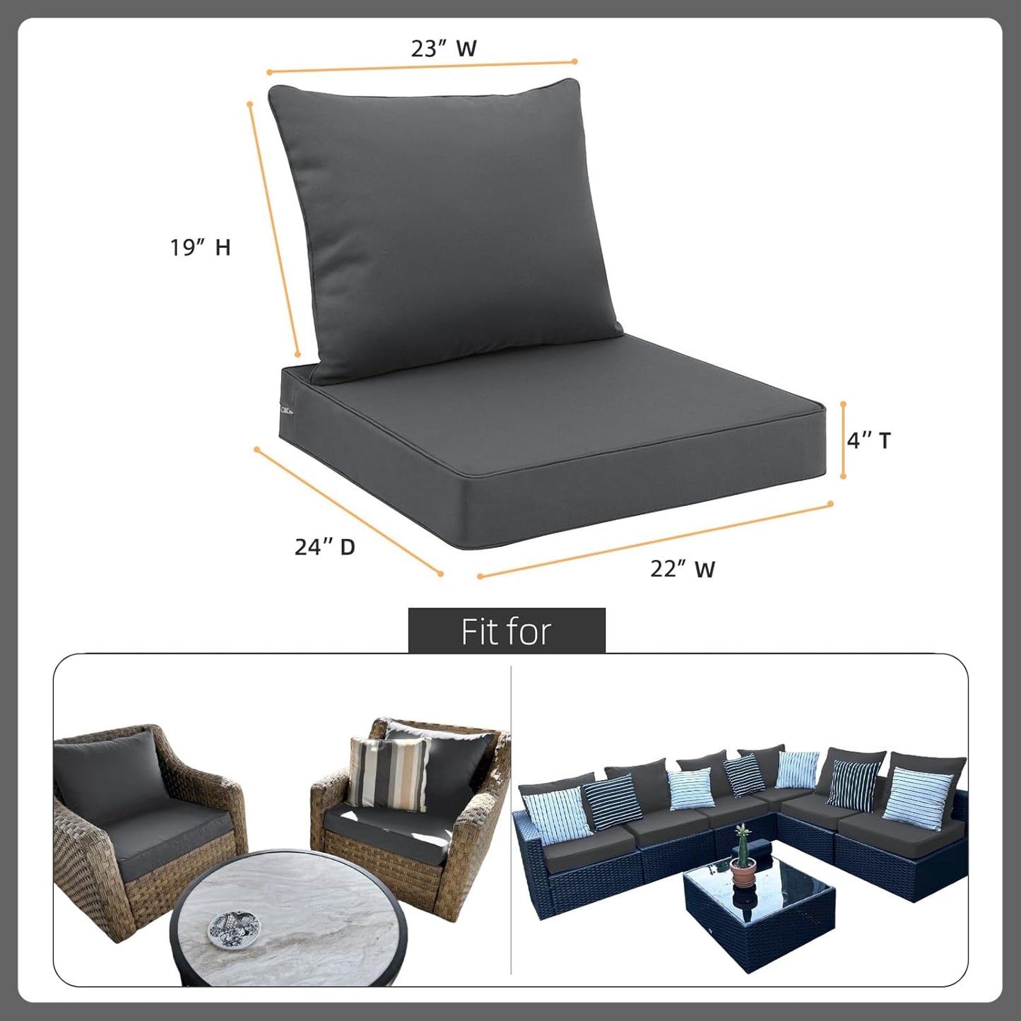 Favoyard Outdoor Seat Cushion Set 22 x 24 Inch Waterproof & Fade Resistant Patio Furniture Cushions with Removable Cover Deep Seat & Back Cushion with Handle and Adjustable Straps for Chair Sofa Couch