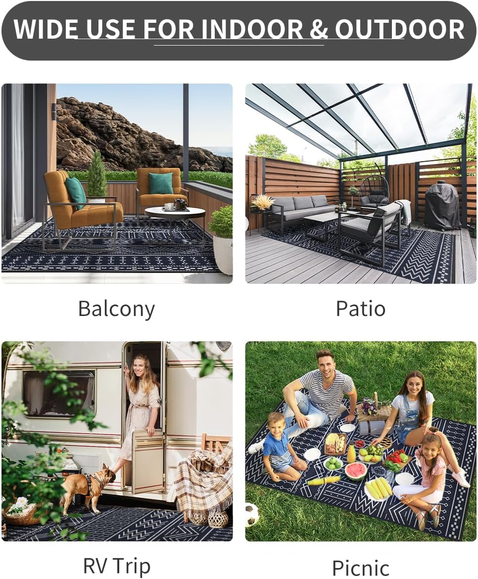 Outdoor Rug Carpet Waterproof 5x8 ft Patio Rug Mat Indoor Outdoor Area Rug for RV Camping Picnic Reversible Lightweight Plastic Straw Outside Rug for Patio Decor Decoration Boho Rug Navy Blue White