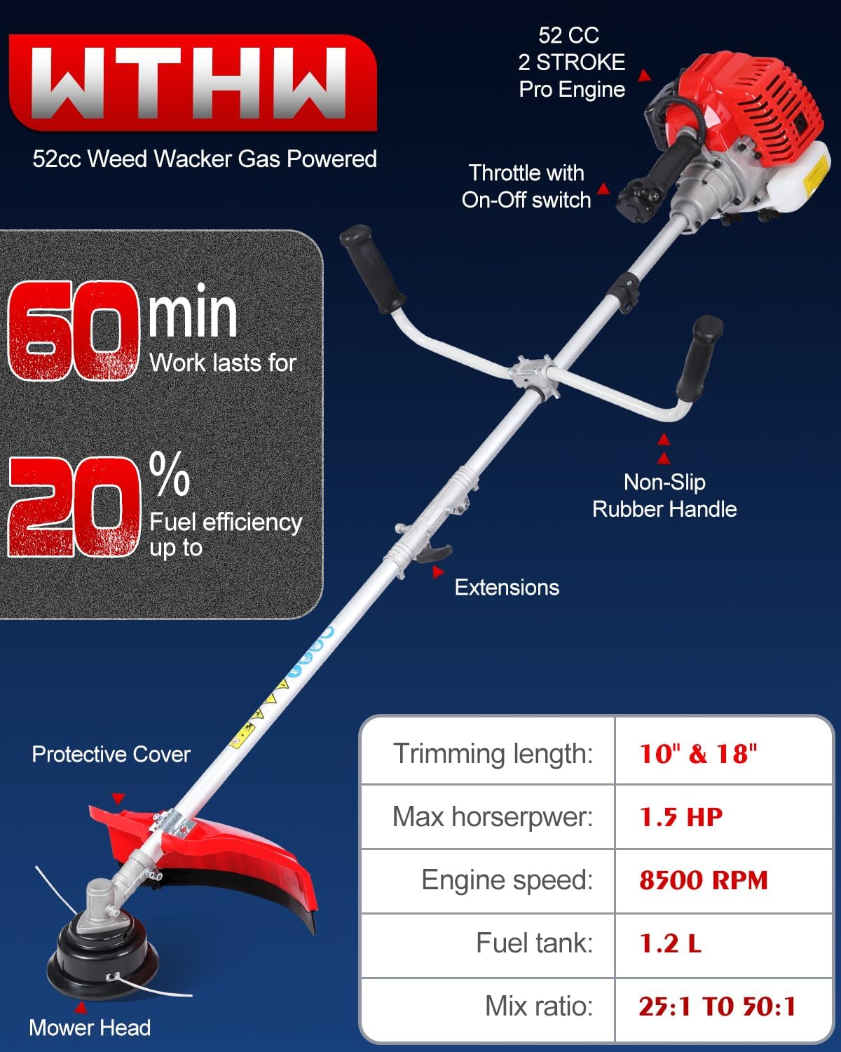 52 cc 2-Cycle Gas Powered Weed Eater, String Trimmer & Brush Cutter 3-in-1, 7,500 RPM Full-Crank, Low-Vibration Quick-Start Recoil, Detachable Shaft, Heavy Duty Weed Wacker (DE631)