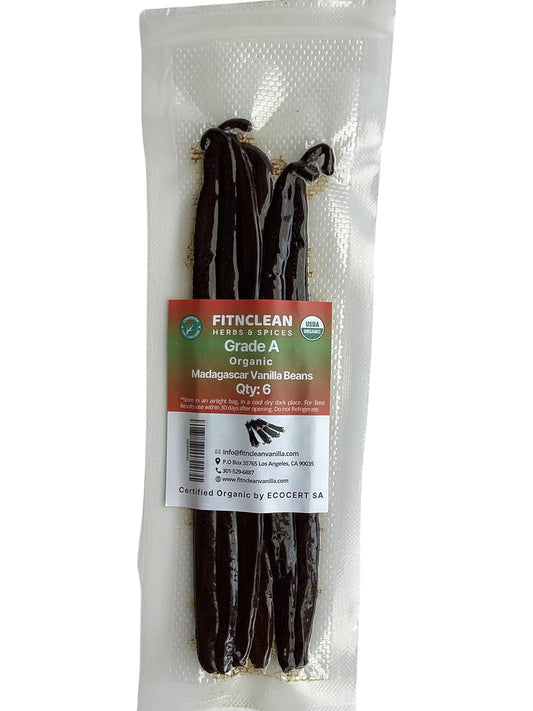 6 Organic Vanilla Beans Madagascar Grade A for Extract, Cooking and Baking by FITNCLEAN VANILLA| Certified USDA Organic. 6"-7.5" Bourbon Fresh Gourmet NON-GMO Whole Pods.
