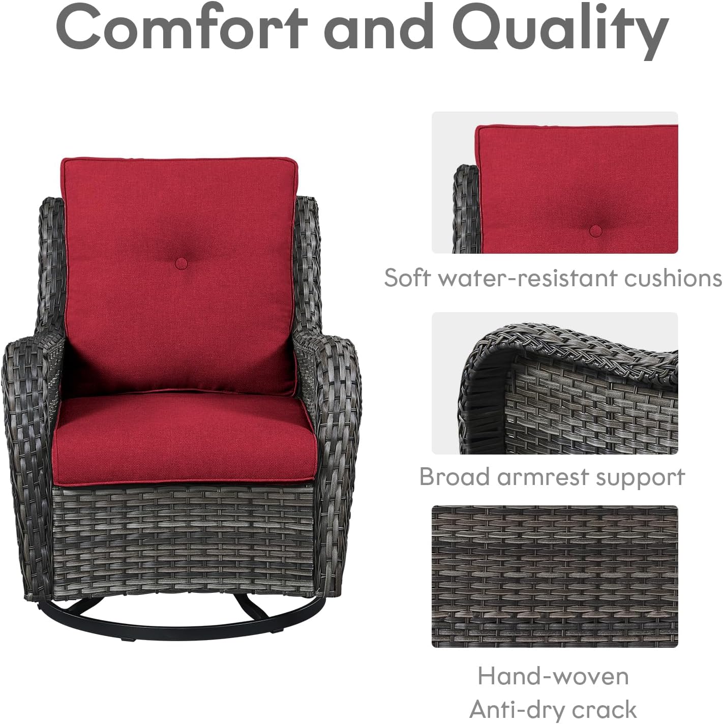 5 Piece Outdoor Patio Furniture Set - Wicker Furniture Patio Conversation Set, Outdoor Swivel Rocker Chairs with 3-Seater Sofa and 2 Ottomans for Small Space, Red Cushion