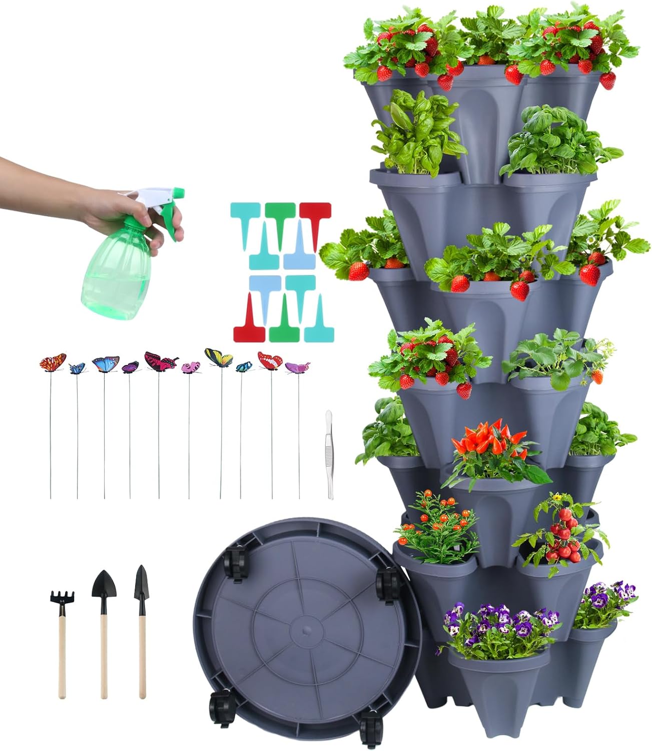 DUNCHATY Stackable Planter, Vertical Strawberry Planter with Garen Tool Set, Self Watering Garden Planter Indoor/Outdoor 7 Tier Herb Planter Pots for Growing Vegetables and Succulents, Dark Gray